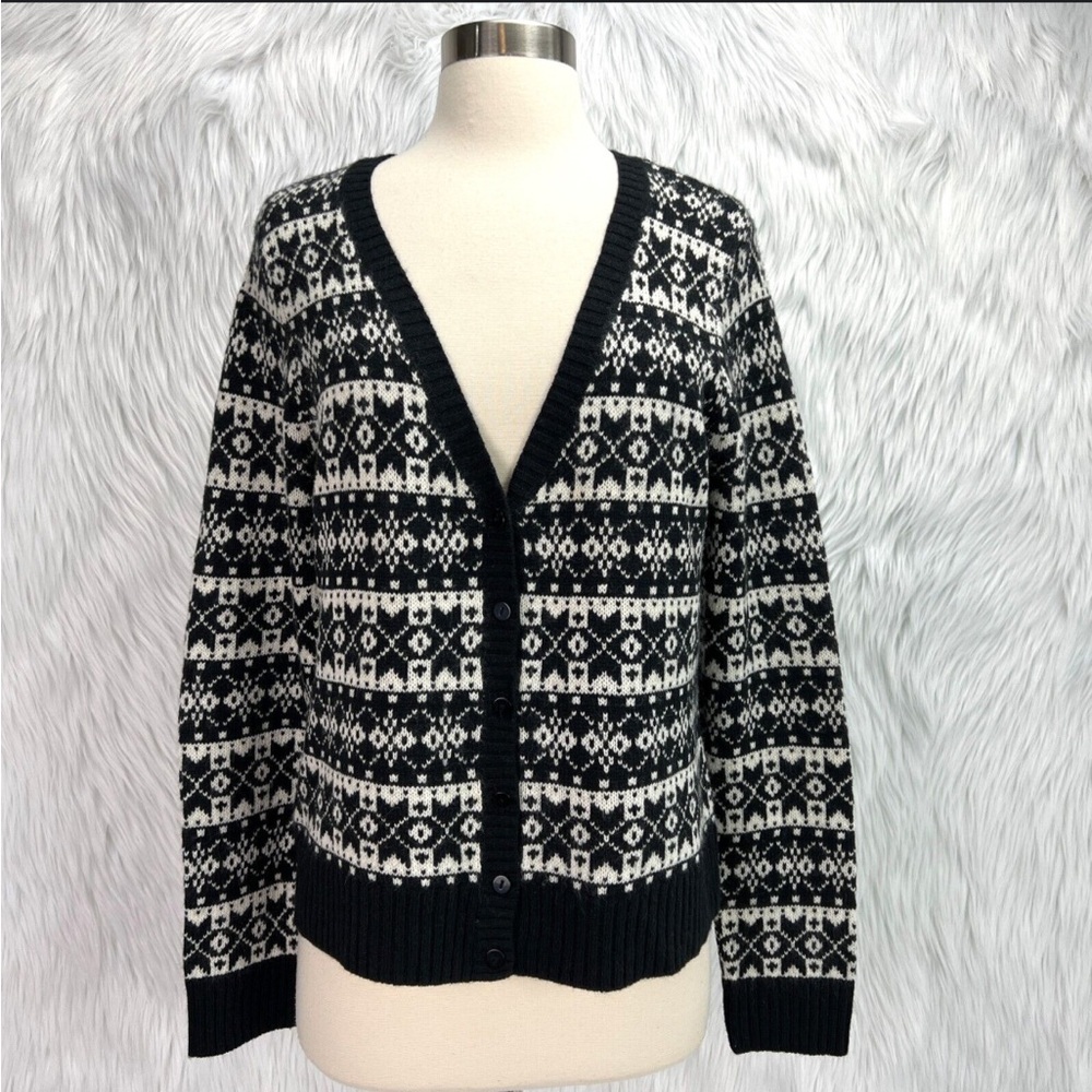 Vintage Talbots Black White Nordic‎ Fair Isle Knitted Lambswool Cardigan Sweater